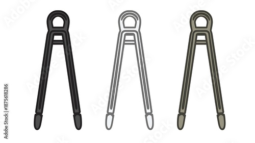 Three stylized, monochromatic tongs of varying shades on a stark white background