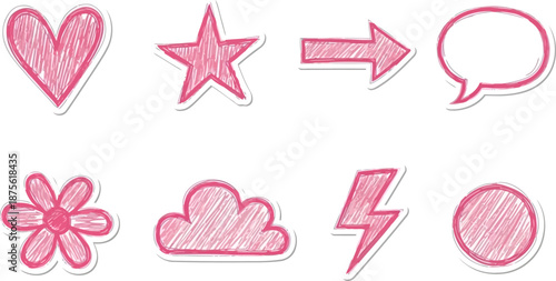 Hand Drawn Pink Scribble Doodle Icons and Symbols with Sticker Outline.eps