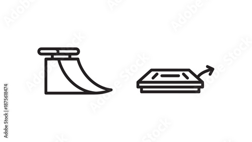 Skatepark Obstacles Linear Icon Set featuring Quarter Pipe Ramp and Grind Box for Skateboarding