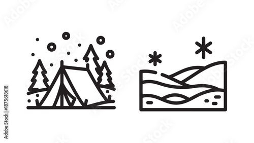 Winter Outdoor Recreation Icons showing Snowy Forest Camping with Tent and Snowflakes