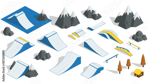 Isometric set of winter sports ramps and mountains for ski and snowboard activities