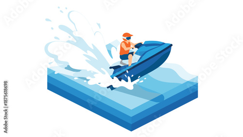 Dynamic isometric jet ski adventure with splashing water and bold colors