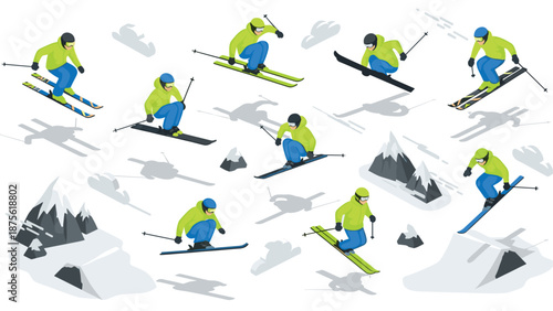 Dynamic skiing sequence: isometric winter sport action with skier in lime green gear