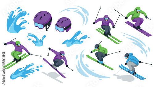 Dynamic winter sports action featuring skiers and snow splashes