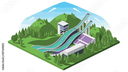 Isometric ski jumping complex surrounded by scenic mountains and forest