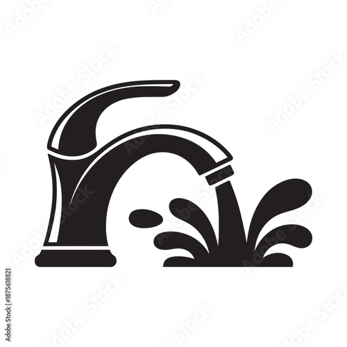 a black and white icon of a faucet with a single drop of water
