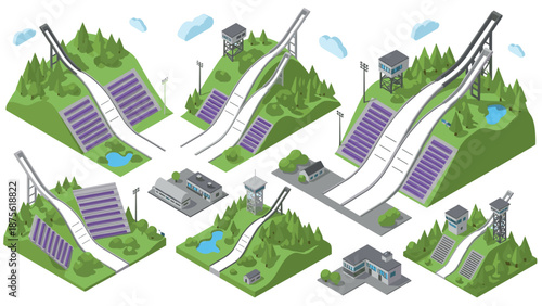 Isometric ski jumping facilities with solar panels on green hills