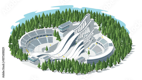 Winter sports arena in forest with ski jumps and seating in isometric style