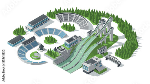 Isometric winter sports complex with ski jump and stadium surrounded by forest