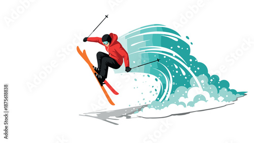 Dynamic skier performing freestyle jump with snow trail on white background