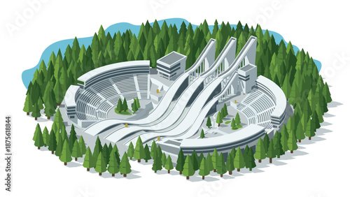 Isometric winter sports arena among pine forest with ski jumps and spectator stands