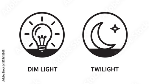 Lighting Control and Night Mode Icons Featuring a Dim Lightbulb and Twilight Moon with Star Symbols