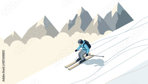 Isometric skier descending snowy mountain with majestic peaks in background