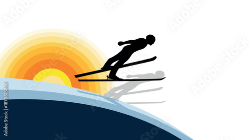 Skier silhouette against sunrise on snowy slope capturing winter adventure essence