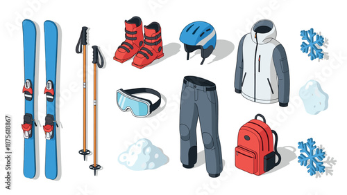 Winter sports gear: ski equipment and apparel in modern isometric style