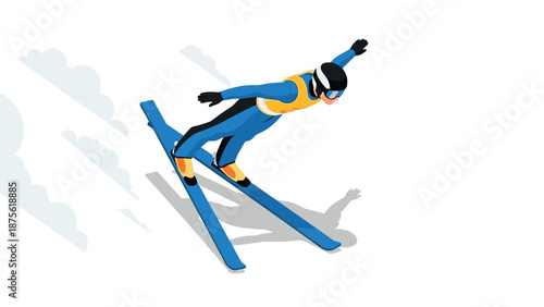 Isometric ski jumper in mid-air action on white background