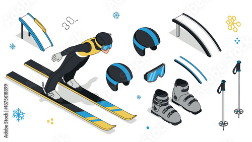 Ski jumping and equipment in isometric style with ski gear elements