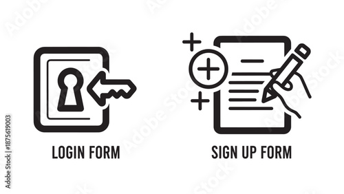 Web Design Interface Icons for User Access Featuring a Secure Login Form and Registration Sign Up Form