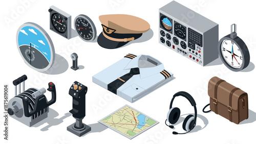 Isometric pilot tools and accessories collection for aviation enthusiasts