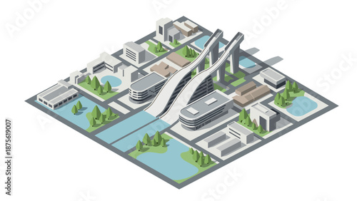 Isometric cityscape with modern architecture and parks