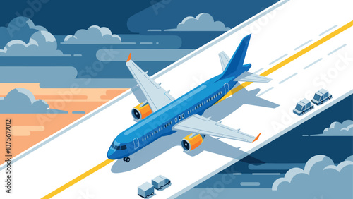 Airplane landing on runway during sunset with service vehicles in isometric style