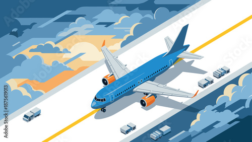 Airplane landing on runway with ground vehicles in isometric style