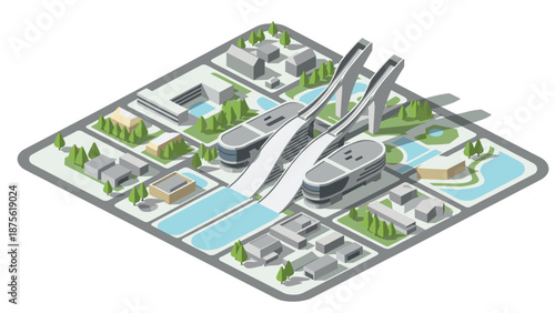 Futuristic isometric cityscape with modern architecture and green spaces