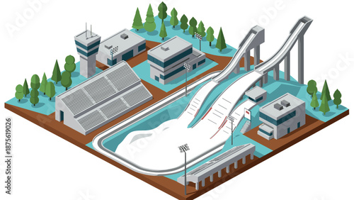 Isometric winter ski jumping venue with spectators and surrounding buildings