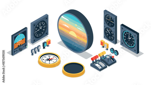 Aviation instruments set with isometric controls and gauges for cockpit simulation