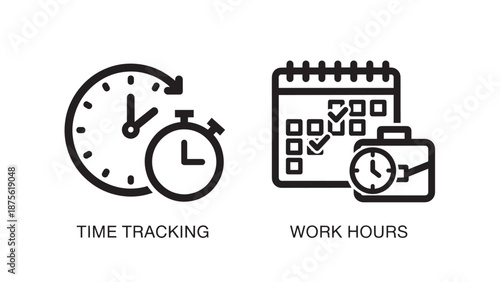Professional Time Management and Work Hours Tracking Icons Featuring a Stopwatch and Business Calendar Schedule