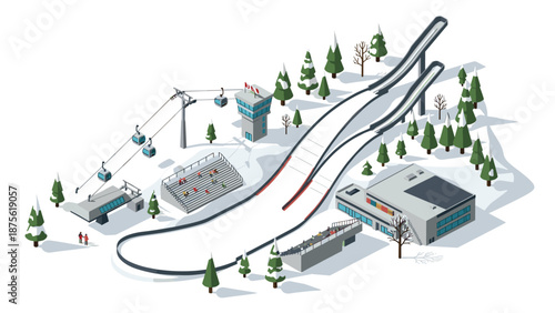 Isometric winter sports complex with ski jump, cable cars, and snowy landscape
