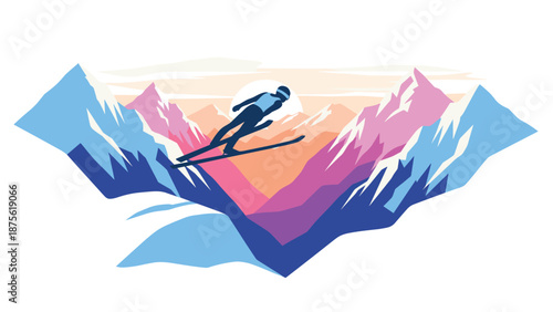 Silhouette skier on vibrant mountain range at sunset