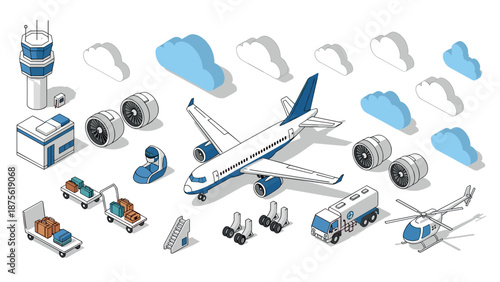 Isometric aviation set: aircraft, helicopter, and airport equipment elements