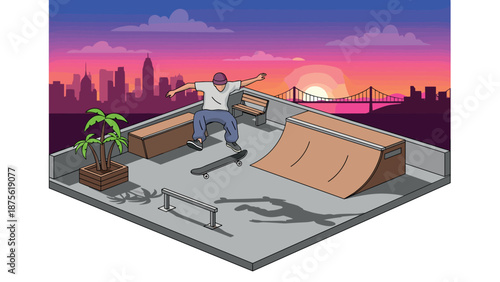 Skateboarder performing tricks at rooftop skatepark with vibrant city sunset