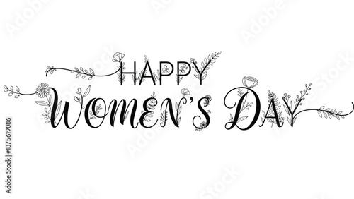 Elegant black and white 'happy women's day' greeting card design with floral elements