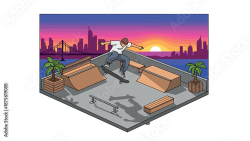 Skateboarder performing tricks at sunset on rooftop skatepark with city skyline