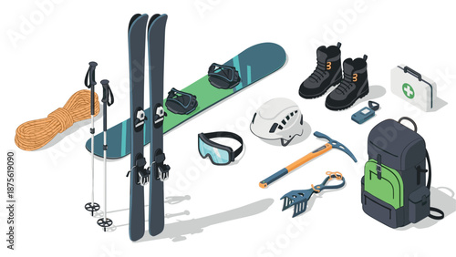 Winter sports equipment in isometric style: skis, snowboard, and gear essentials