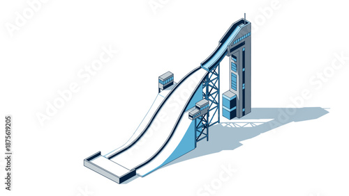 Isometric ski jump ramp with blue details on white background