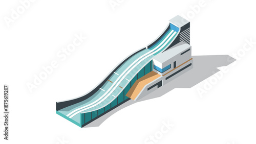 Winter sports venue isometric design featuring ski jumping ramp and facility building