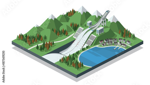 Isometric winter sports resort with ski jump and mountain landscape
