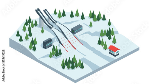 Isometric winter ski resort with cross-country track and trees