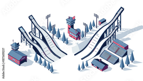 Isometric winter ski resort with jump ramps and tower