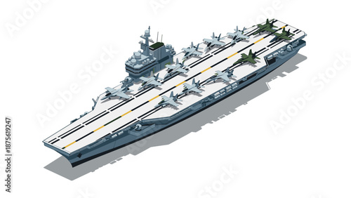 Isometric aircraft carrier with jets on deck in detailed 3d design