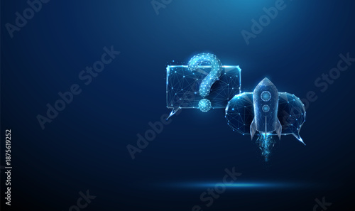 Speech bubbles with a question mark and a rocket icon. Question processing, AI-powered chatbots, fast response systems, intelligent assistance concept.