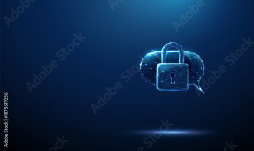 Chat bubble with a lock icon. Secure communication, private messaging, data protection, encrypted chat, confidentiality, access control, cybersecurity concept.