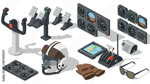 Aviation instruments and gear in detailed isometric design