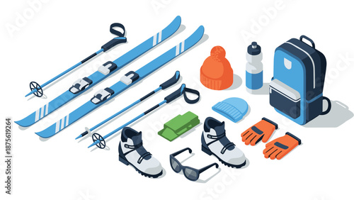 Winter sports gear: isometric ski equipment set with accessories for outdoor activities