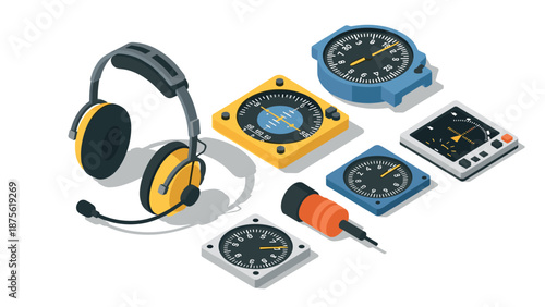 Isometric aviation instruments with headset and tools on white background