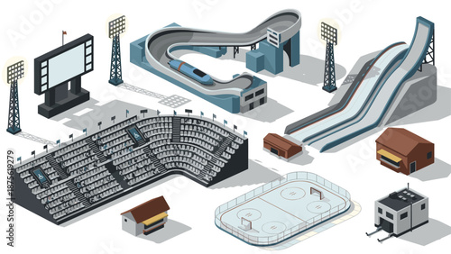 Isometric winter sports venues: stadium, ice rink, slopes, and facilities