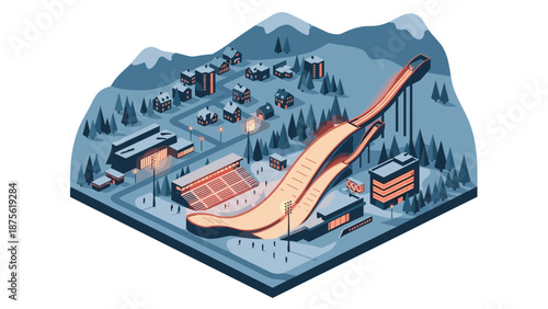 Isometric winter ski resort with jumping ramp in mountainous landscape